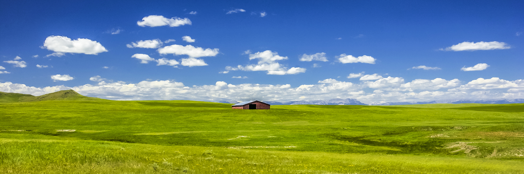 Green pasture, white clouds, distant red barn in mountains